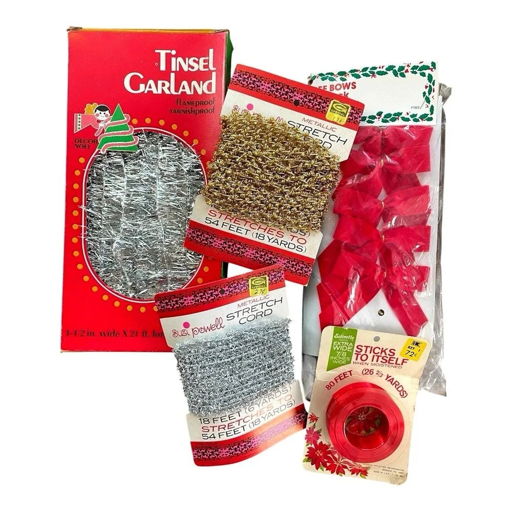 Vintage Christmas Lot Tinsel Garland Metallic Stretch Cord Ribbon Red Tree Bows